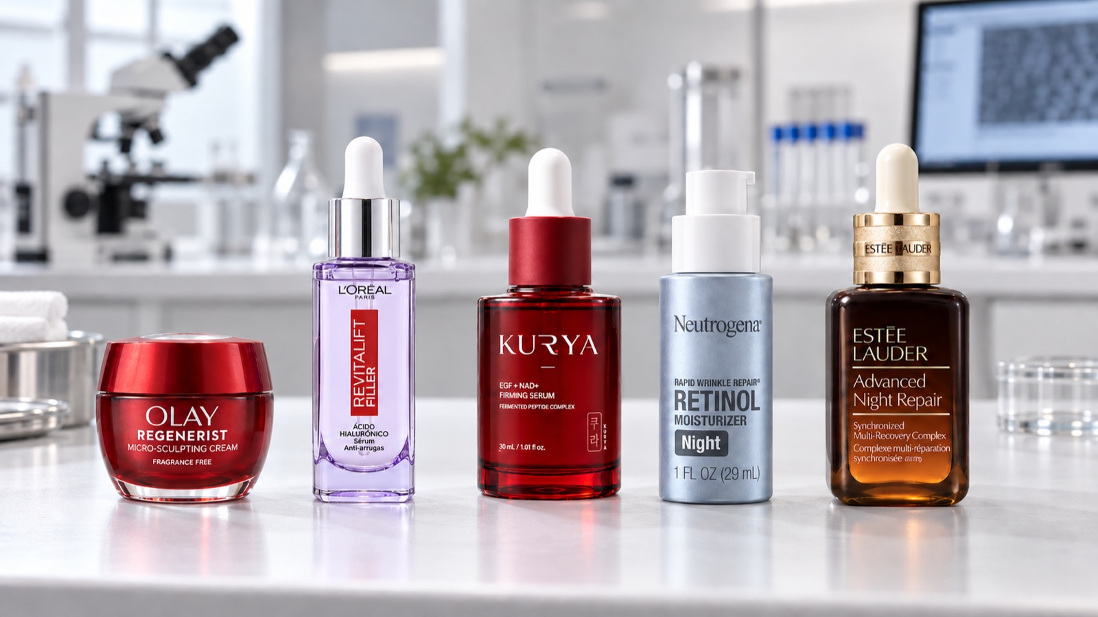 KURYA Reverse-time Peptide Serum compared with Olay Regenerist, L'Oréal Revitalift Filler, Neutrogena Rapid Wrinkle Repair and Estée Lauder Advanced Night Repair